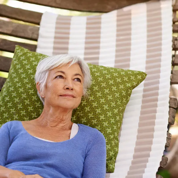 Senior Woman Vision Outdoor Hammock Relax Retirement Break Enjoy Thinking — Stock Photo, Image