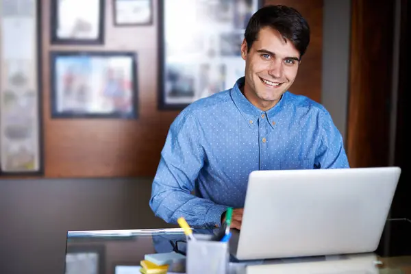 Businessman Laptop Portrait Workplace Professional Salesman Working Office Male Person — Stock Photo, Image
