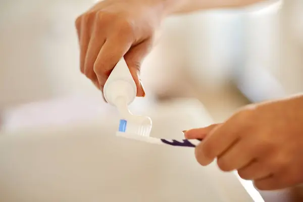 Toothpaste Hands Brush Dental Health Bathroom Morning Hygiene Routine Home — Stock Photo, Image