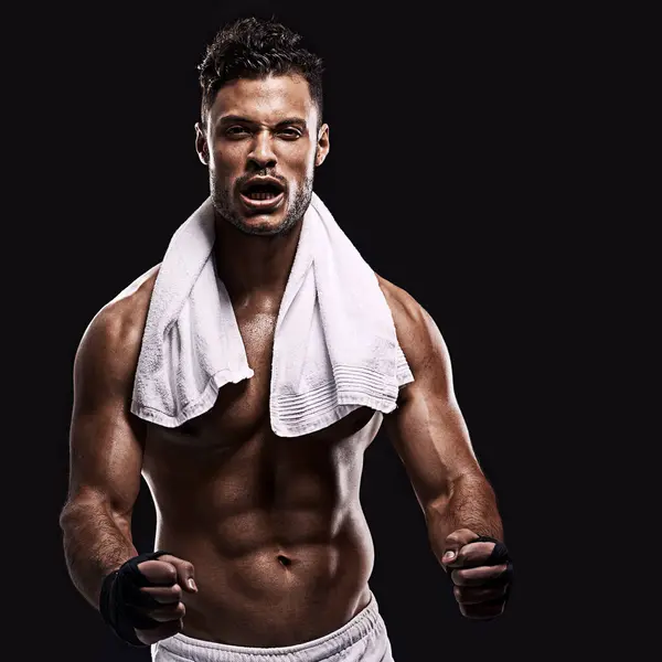 Fitness Body Screaming Man Portrait Gym Towel Studio Energy Muscle — Stock Photo, Image