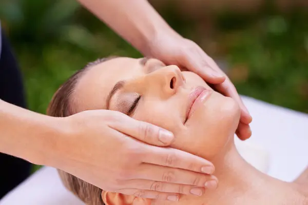 Happy Woman Sleeping Face Massage Masseuse Zen Skincare Stress Relief — Stock Photo, Image