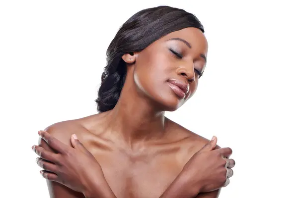 Black Woman Skincare Cosmetics Dermatology Shine Wellness Isolated White Studio — Stock Photo, Image