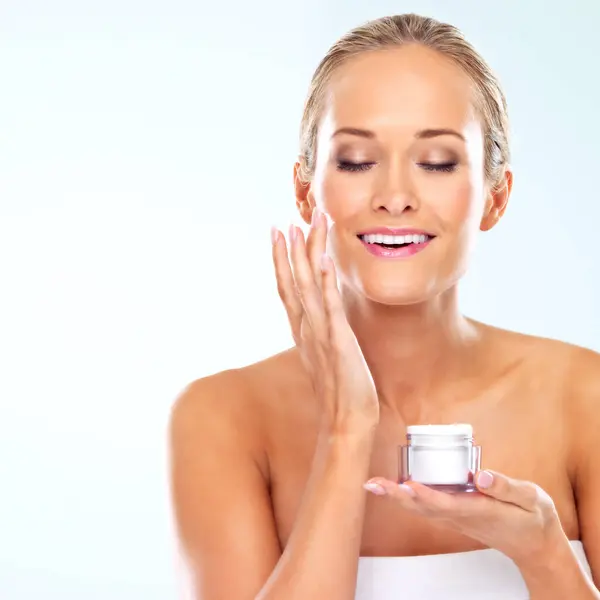 Woman Smile Face Cream Skincare Wellness Cosmetics Aesthetic Mockup Glow — Stock Photo, Image