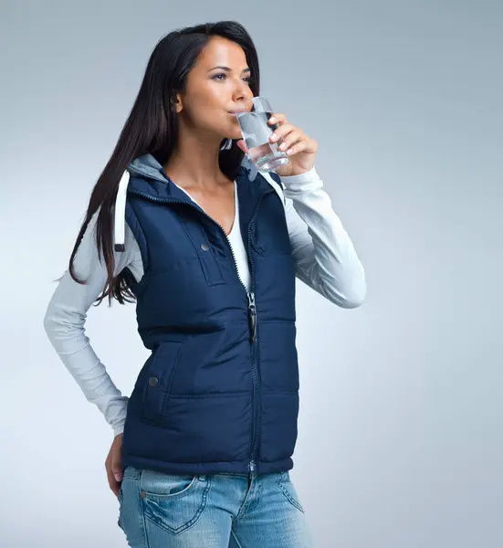 Woman Drink Water Health Hydration Studio Nutrition Wellness Thirst Grey — Stock Photo, Image