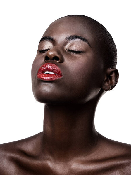 African, face and beauty from makeup in studio on white background with glow on skin from dermatology. Calm, model and lipstick from cosmetics and black woman with healthy skincare in mockup.