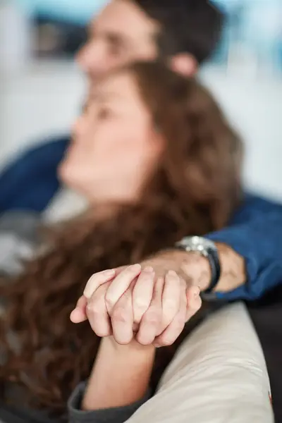 Love Holding Hands Couple Sofa Care Trust Support While Bonding Stock Image