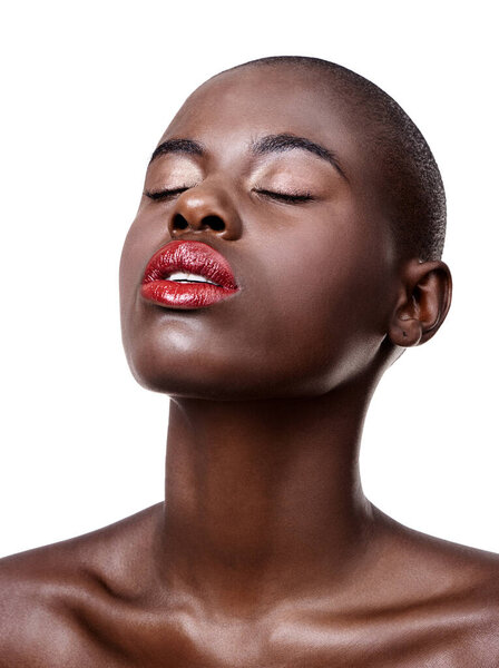 African, face and beauty from makeup in studio on white background with glow on skin from dermatology. Calm, model and lipstick from cosmetics and black woman with healthy skincare in mockup.