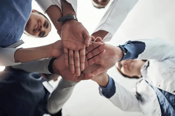 Low Angle Hands Stack Doctors Hospital Cooperation Teamwork Support Healthcare — Photo