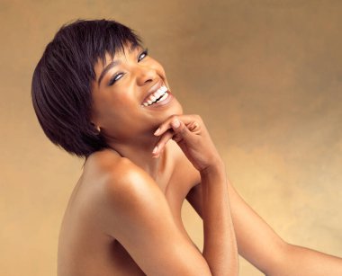 African woman, laughing and skincare with portrait in studio for beauty, makeup or cosmetics with confidence. Female person, glow and happy on background for dermatology, wellness and smooth skin. clipart