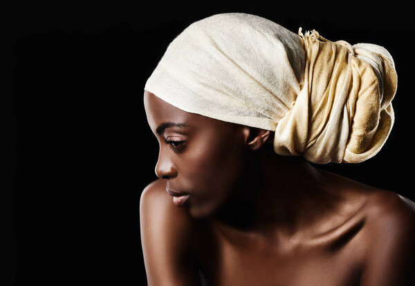 Beauty, studio and profile of black woman with headscarf, natural makeup or creative aesthetic in mockup. Art, skincare and African girl on dark background with wrap, facial cosmetics and confidence
