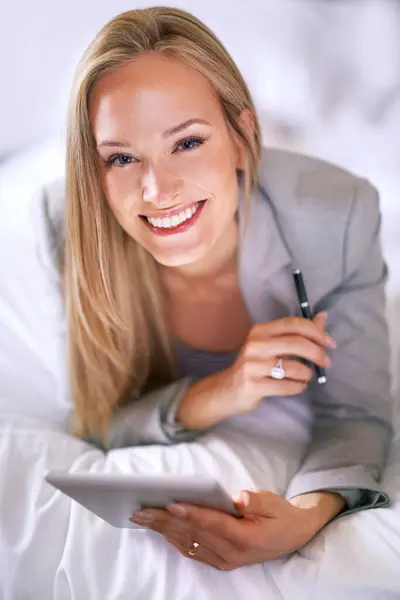 Business Woman Technology Bedroom Portrait Corporate Planning Digital Tablet Happiness — Stock Photo, Image