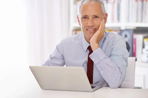 Laptop Portrait Happy Senior Businessman Office Planning Checking Email Review — Stock Photo, Image