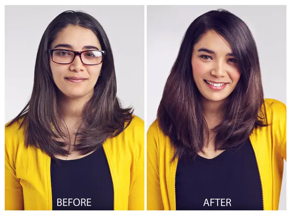 女人和微笑与肖像为护发与化妆品 发型改变或眼镜化妆 白背景胶原蛋白治疗美容美发的人 脸或拼贴 — 图库照片