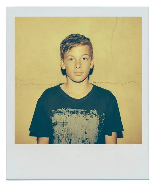 Portrait Teenager Boy Wall Serious Face Polaroid Cool Relax Confidence — Stock Photo, Image