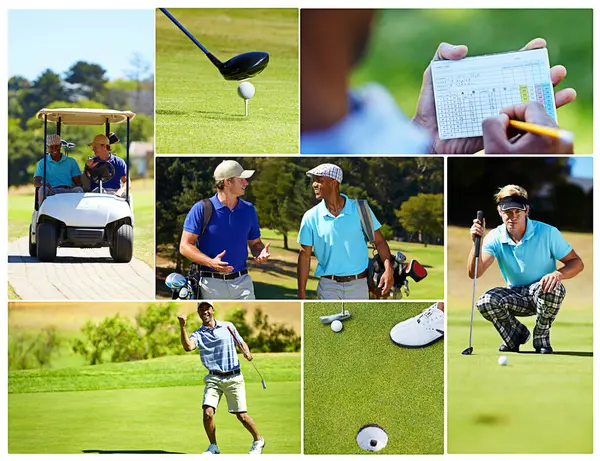 Happy, friends and sport with golf club, scorecard and walking for hobby, fun and relax on grass field in digital composite. Excited male athletes and practice stroke with personal trainer in collage.