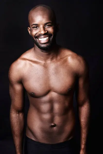 Black Man Shirtless Body Smile Portrait Fitness Health Muscle Abs — Stock Photo, Image