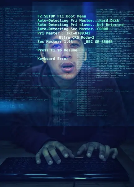 Code Man Typing Programming Holographic Hacker Industry Server Person Dark — Stock Photo, Image