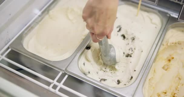 デザート ハンド アイスクリームのスクープ 冷凍ヨーグルト トレイや冷蔵庫で甘い食べ物のための店 スプーンおよび乳製品 ジェラートおよび夏のための味か砂糖が付いている冷たい処置 — ストック動画