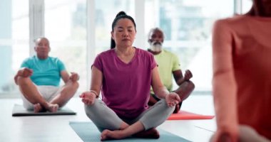 Yoga sınıfındaki insanlar, nilüfer ve meditasyon huzur, sakinlik ve akıl sağlığı için sağlık ve farkındalık. Ruhani, bütünsel ve nefes alma egzersizleri için yerde grup halinde olan bir kadın gevşemek ve çakra yapmak için.