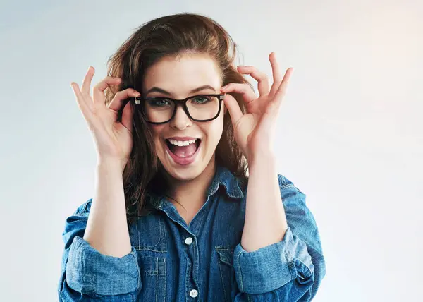 Woman Glasses Eyesight Studio Eyesight Smile Excited Wellness Vision White — Photo