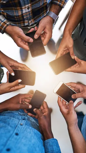 Cellphone Hands Team People Circle Networking Online Email Social Media Stock Image
