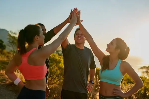 Friends Group High Five Running Exercise Mountain Park Trail Support Royalty Free Stock Images