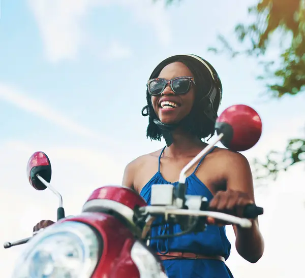 Black Woman Scooter Smile Helmet Fun Summer Vacation Holiday Happiness Stock Photo