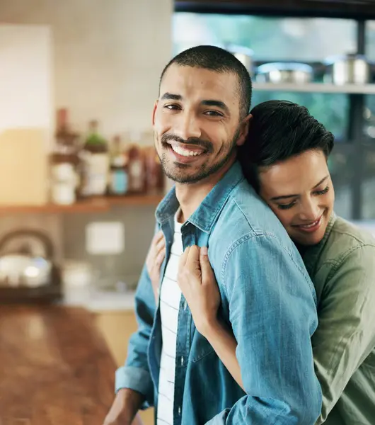 Affectionate Hug Happy Couple Kitchen Love Cooling Bonding Together Evening Royalty Free Stock Photos