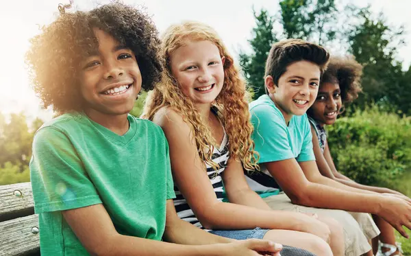 Portrait Outdoor Children Bench Smile Diversity Fun Summer Weekend Break Royalty Free Stock Images
