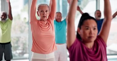 Egzersiz, esneme ve beden eğitimi için yoga sınıfındaki son sınıflar. Spor, emeklilik ve sağlık, pilates ve sağlık kulübü ekipmanlarına sahip yaşlı erkek ve kadınlar.