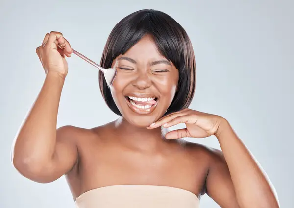 African Woman Makeup Brush Happy Studio Tongue Beauty Foundation Background Stock Photo
