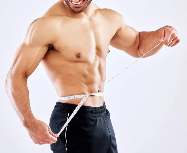 Man Muscle Measuring Tape Diet Bodybuilder Competition Strength Wellness Studio Stock Picture
