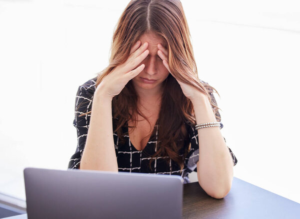 Business woman, stress and management with fatigue or burnout, hands and deadline in office. Anxiety, pressure and headache for employee paperwork or depressed, task and review for frustrated worker.