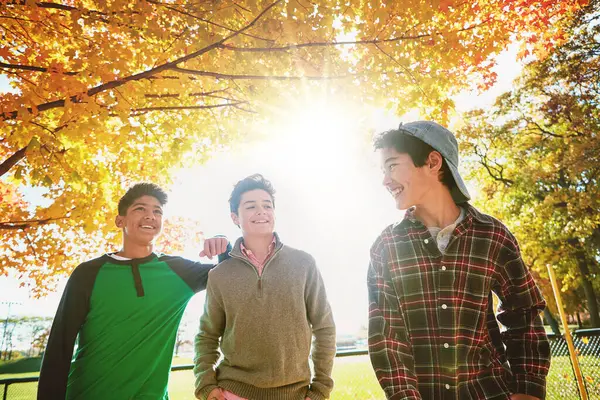 Счастливы Мальчики Друзья Парке Вместе Осенний Праздник Перерыв Доверие Поддержку — стоковое фото
