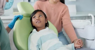 Çocuk, diş hekimi ve diş hekimi randevusu ya da diş çürümesini önlemek için ağız sağlığı eğitimi. Küçük kız, anne ve dişçi kontrolü ya da diş muayenesi için birlikte dişçiye.