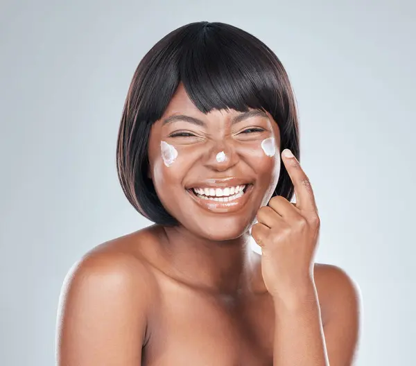 Excited Portrait Black Woman Cream Skincare Facial Treatment Moisturizer White Stock Image
