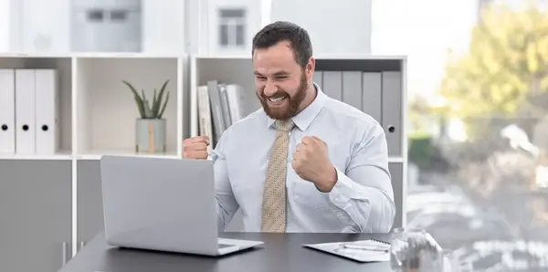 Fist Pump Laptop Businessman Office Celebration Job Promotion Career Achievement Stock Photo