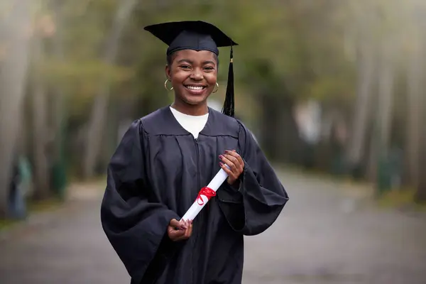 Black Girl Portrait Diploma Graduation Outdoor Certificate College Education Achievement — Stock Photo, Image