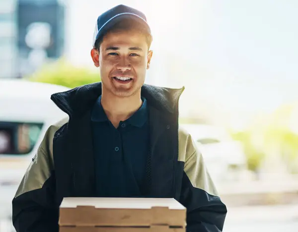 Fast Food Entrega Retrato Homem Com Pizza Para Distribuição Encomenda Imagens De Bancos De Imagens