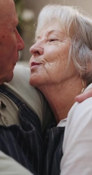 シニア カップル 愛とキス 結婚と引退のサポートとケア 高齢者 女性はハッピーハグと一緒に自宅で夕食を調理するための親切さや感謝を抱いています — ストック動画