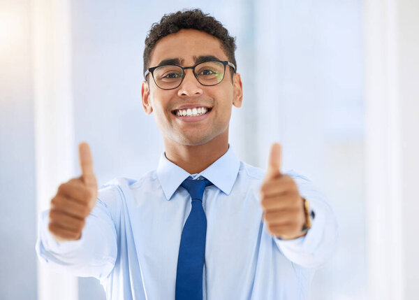 Portrait, business and man with thumbs up, support and ok review with promotion, agreement and winning. Face, lawyer and attorney with hand gesture, like emoji and icon with symbol, yes and agreement.