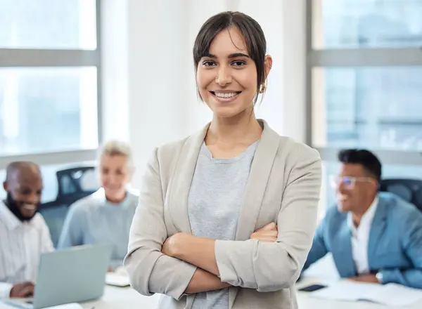 stock image Confident, business and woman and portrait in office as web designer for planning, ideas and project proposal. Female person, employee and teamwork with arms crossed for creative startup growth.