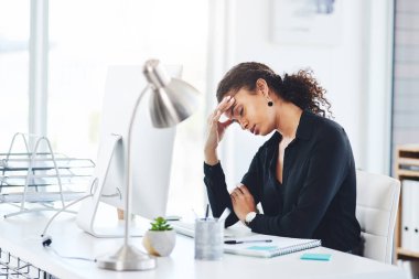 Businesswoman, computer and headache pain with stress for burnout, overwhelmed or migraine. Female person, assistant and mental health tension or deadline brain fog with pressure, anxiety or tired.