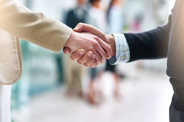 Business people, meeting and shaking hands with introduction, hello and agreement or negotiation success. Lawyer, attorney or clients with handshake for consultation, deal and advice with legal case. clipart