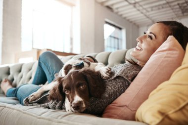 Mutlu, kaynaşan ve köpekli bir kadın evcil hayvanla evcil hayvan evinde dinleniyor. Gülümse, hayvan ve kadın insan evdeki kanepede köpek yavrusuna sevgi ve özenle sarılıp sarıl..