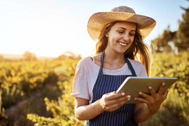 Tablet, çiftçi ve mutlu kadın tarımsal araştırma, sürdürülebilirlik ya da açık alanda bitki yetiştirme için online. Gıda üretimi veya tarım planlaması için kırsal alanda dijital teknoloji, tarım veya insan.