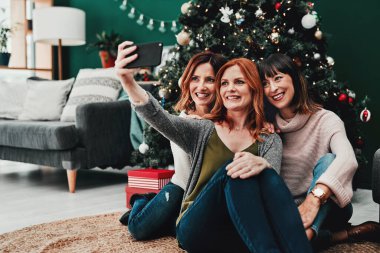 Selfie, kız kardeşler ya da kadınlar Noel kutlaması için evde birlikte rahatlayın ve aile için sosyal medya paylaşımı yapın. Bayram partisi ya da irtibatlı video çağrısı için kadın insanlar, gülümseme ve arkadaş grubu.