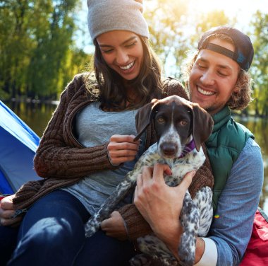 Aşk, çiftler ve köpekler ormanda kamp yapmak, güneş ışığı ve bağ kurmak, macera zamanlarında hayvanların gülümsemesi ve desteği için doğada. Sakin ol, kadın ve erkek ve köpek yavrusu ile yaz yolculuğunda sarıl ya da rahatla..