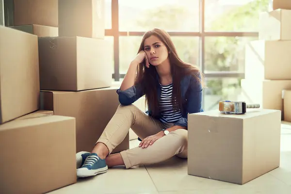 stock image Box, portrait or girl with moving stress on house floor frustrated by property investment scam, inflation or economy crisis. Lease eviction, fail or person in home loss, unemployment or bankruptcy.