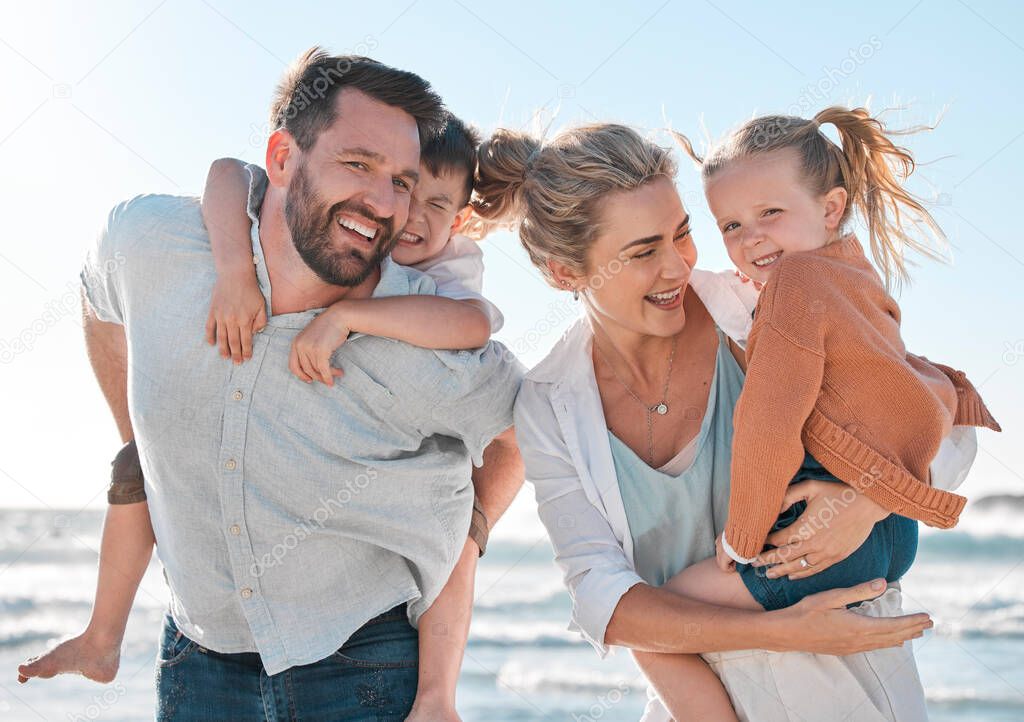 Smile, parents and kids in portrait on beach for holiday adventure together on tropical island for fun. Mother, father and children on ocean vacation for happy travel, family and bonding in Australia.